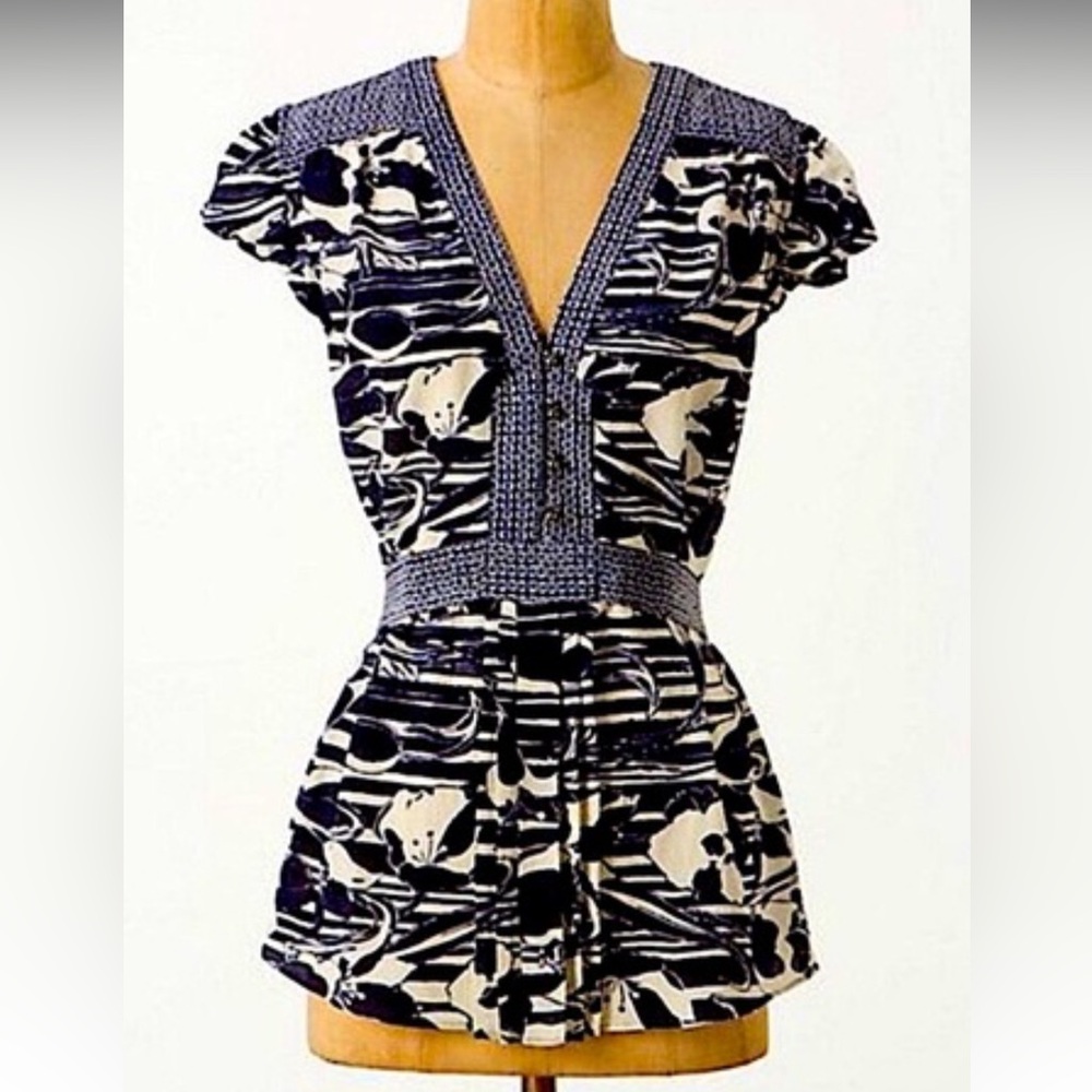 Anthro Silk tie back top- Blue & White